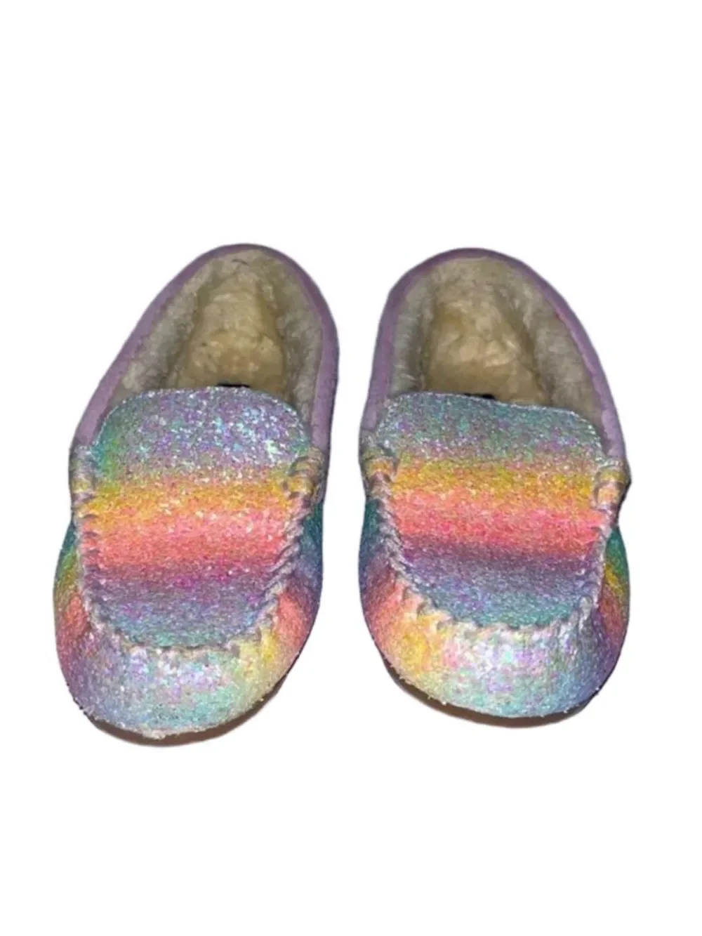 Lands' End Girls' Pastel Rainbow Glitter Moccasin Slippers - Lavender Size 3